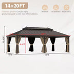 14 Ft. X 20 Ft. Double Galvanized Steel Roof Aluminum Frame Outdoor Patio Hardtop Gazebo with Netting and Curtains