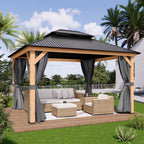 11 Ft. X 13 Ft. Double Roof Hardtop Wooden Patio Gazebo with Netting and Gray Curtains