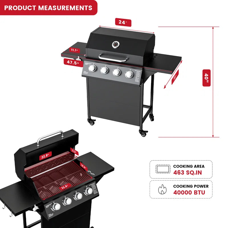 4-Burner Propane Gas Bbq Grill with Wheels, 40,000 Btu Output Gas Barbecue Grill for Backyard,Camping & Outdoor Cooking,Easy Assembly