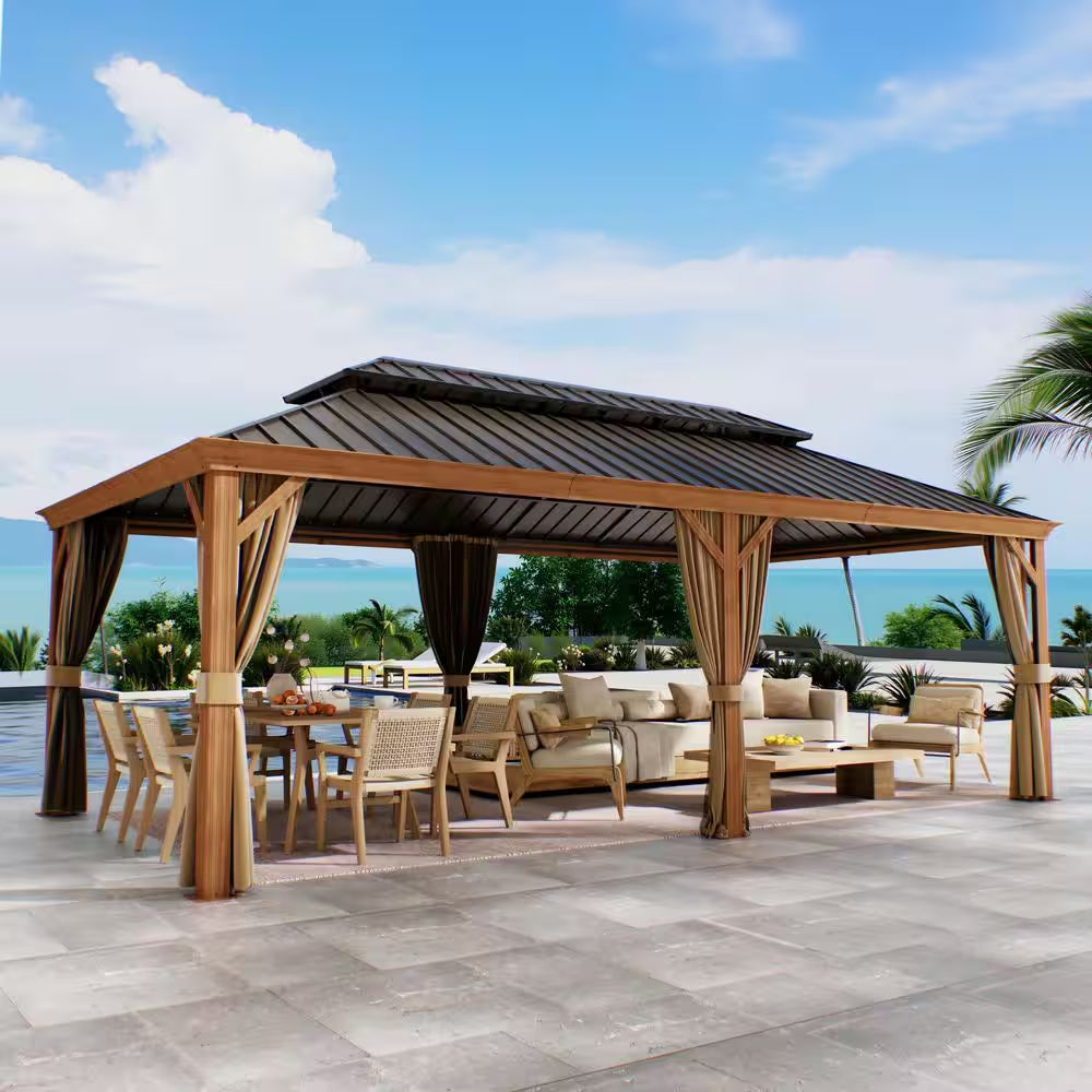 12 Ft. X 22 Ft. Double Galvanized Steel Roof Aluminum Frame Outdoor Patio Hardtop Gazebo Wooden Finish Coated