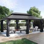 12 Ft. X 20 Ft. Double Roof Hardtop Aluminum Patio Gazebo with Netting and Gray Curtains