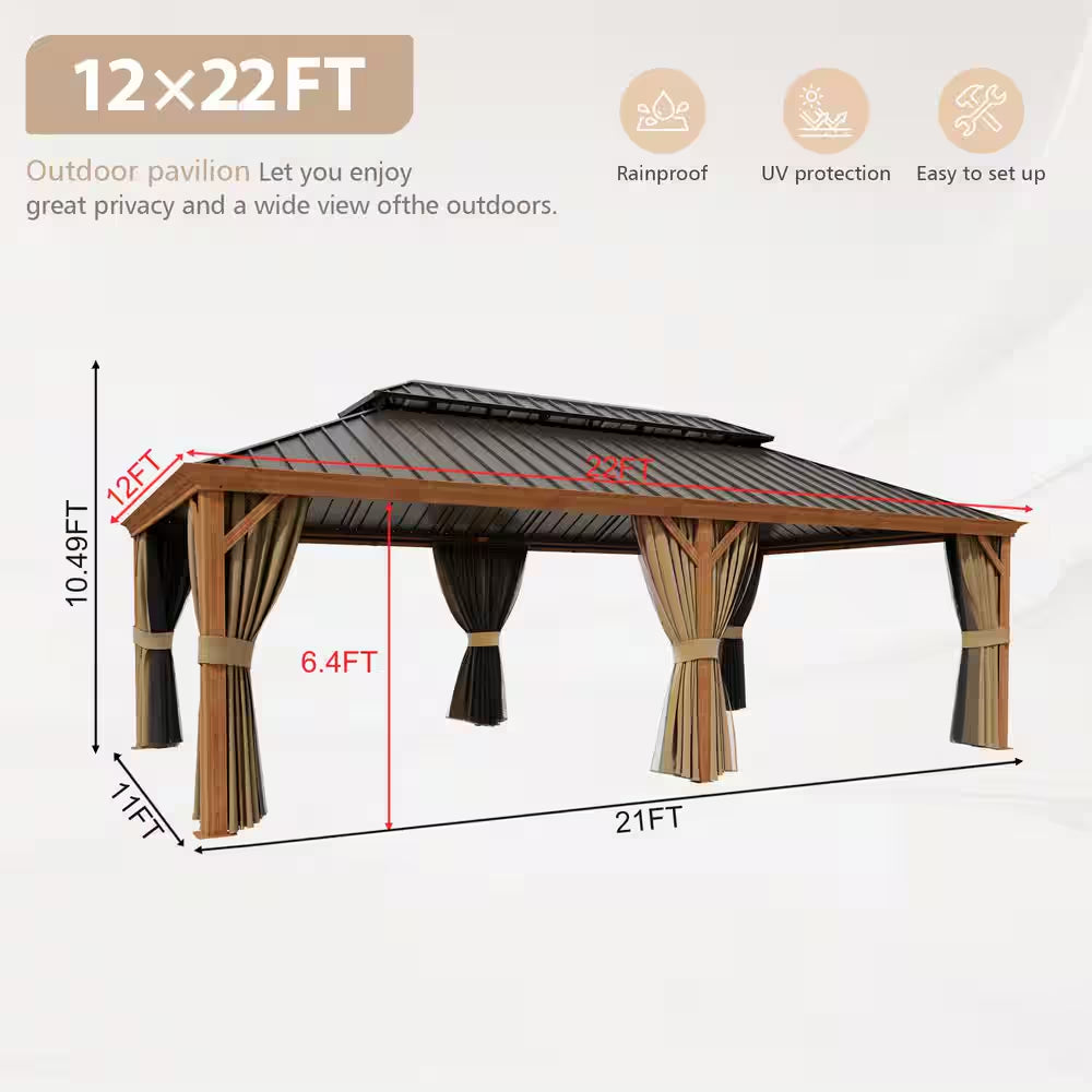 12 Ft. X 22 Ft. Double Galvanized Steel Roof Aluminum Frame Outdoor Patio Hardtop Gazebo Wooden Finish Coated