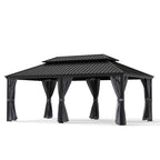 12 Ft. X 20 Ft. Double Roof Hardtop Aluminum Patio Gazebo with Netting and Gray Curtains