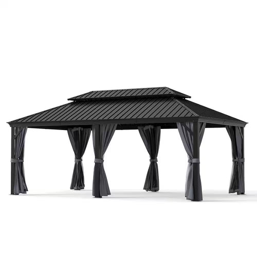 12 Ft. X 20 Ft. Double Roof Hardtop Aluminum Patio Gazebo with Netting and Gray Curtains