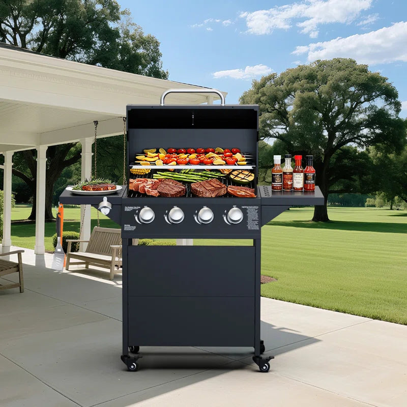 4-Burner Propane Gas Bbq Grill with Wheels, 40,000 Btu Output Gas Barbecue Grill for Backyard,Camping & Outdoor Cooking,Easy Assembly