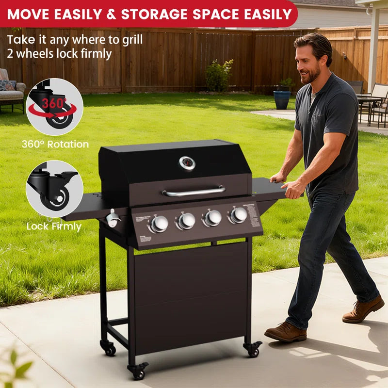 4-Burner Propane Gas Bbq Grill with Wheels, 40,000 Btu Output Gas Barbecue Grill for Backyard,Camping & Outdoor Cooking,Easy Assembly