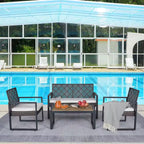 4-Piece Wicker Patio Conversation Set with Cushion, Outdoor Patio Furniture Set with Wood Table Top-Grey Cushions